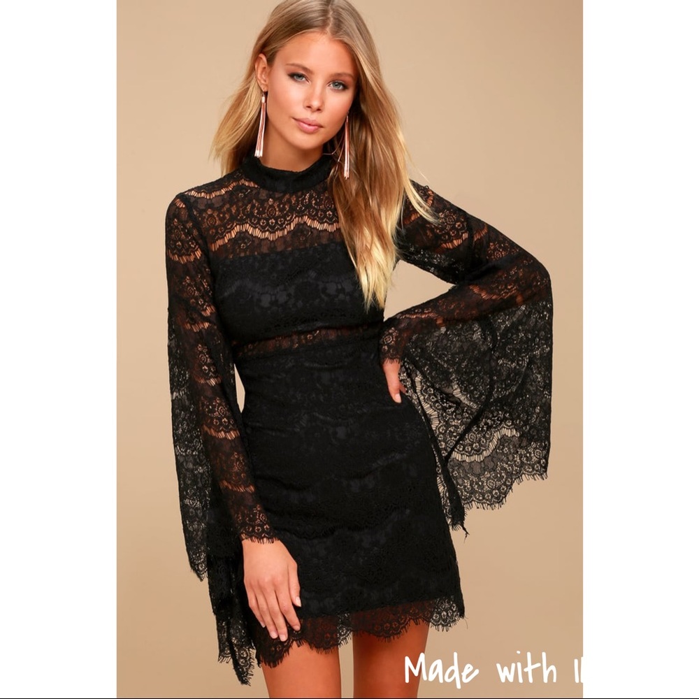 LuLus Bewitching Babe Black Lace Bell Sleeve dress